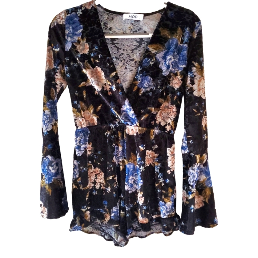 MOD floral burnout velour romper NWT